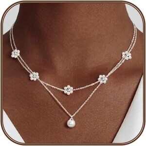 Silver Pearl Necklaces Set 14K Gold Plated Dainty Layered Pearl Trendy Jewelry